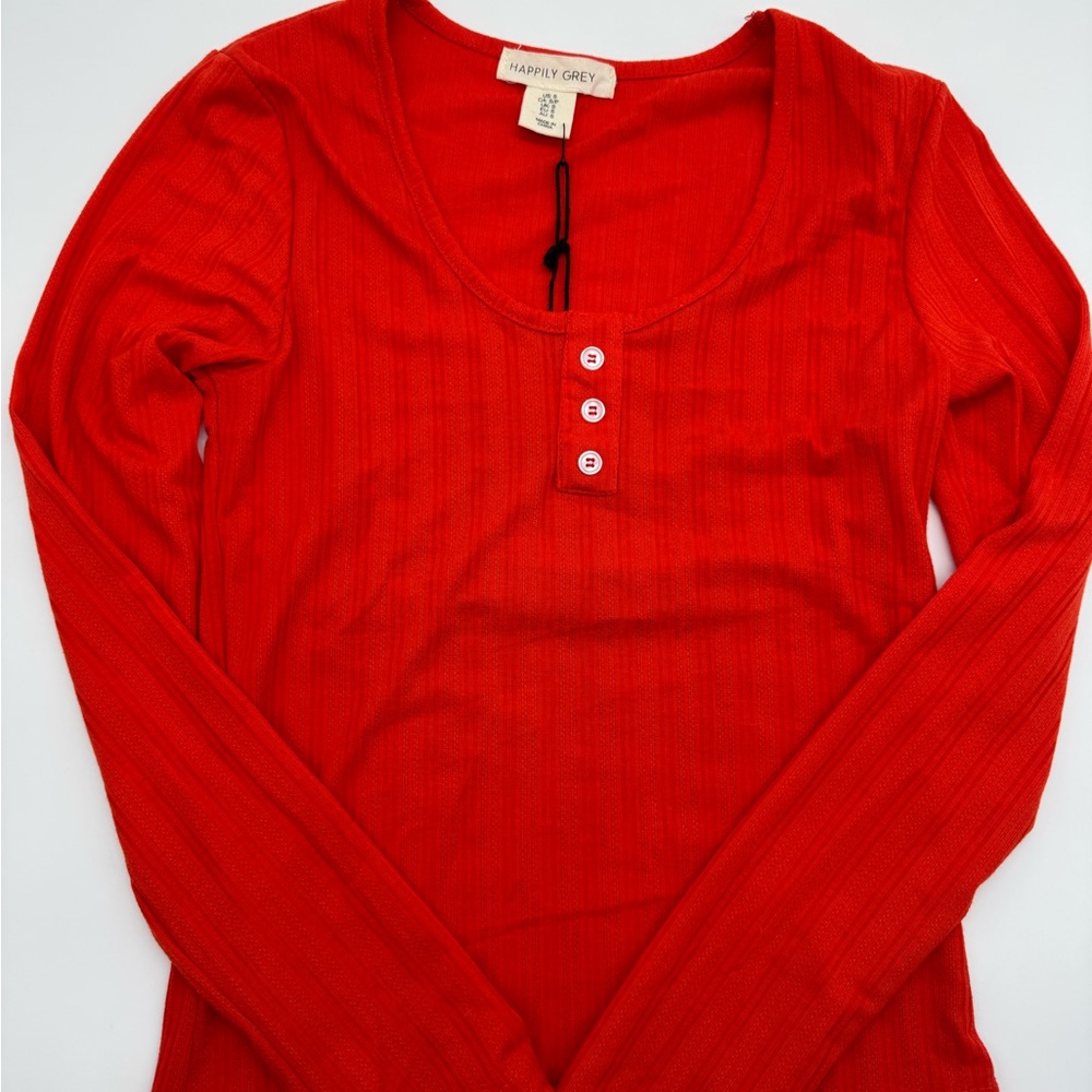 Happily Grey Y2K Red Ribbed Long Sleeve Henley, Size Small NWT